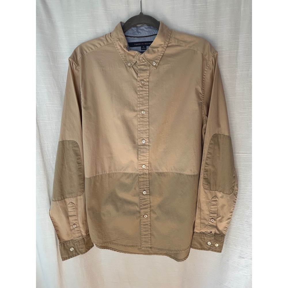 Tommy Hilfiger Mens Custom Fit Colorblock Elbow Patch Button Down Shirt Tan M